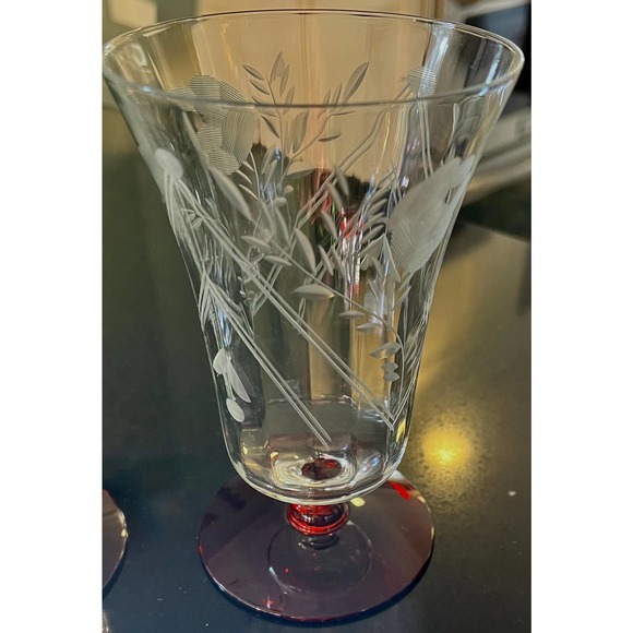 Vintage Etched Wine Glasses, Set of 2 Clear Water Goblets - Picture 3 of 6